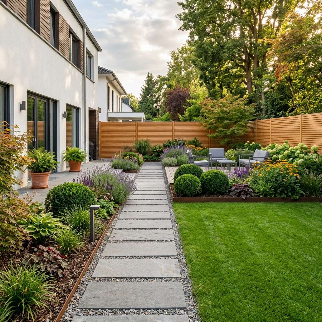 Garten hinter einem Wohnhaus mit Steinplattenweg, Rasen, Staudenbeeten, Sitzgruppe und Sichtschutzzaun aus Holz